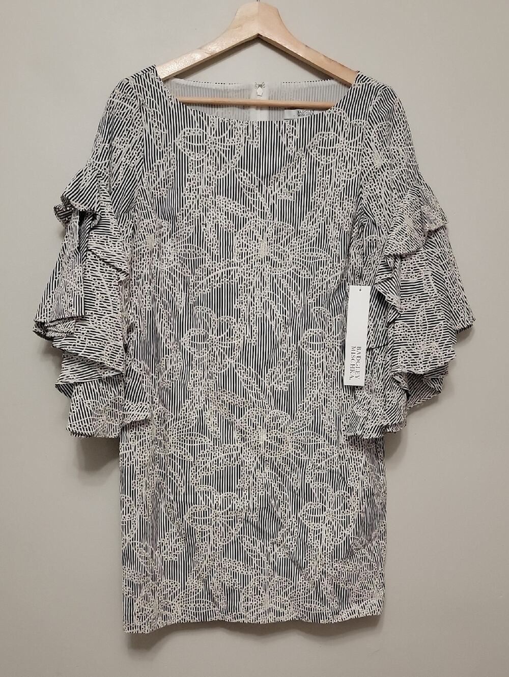 Badgley Mischka Black and White Floral Stripe Ruffle-Sleeve Midi Dress